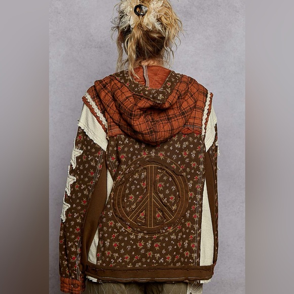 🌺LAST ONE🌺 POL Brown Star & Peace Patch Floral mix Hoodie Jacket Relaxed Fit - Picture 5 of 9